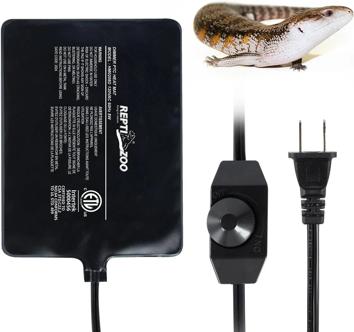 Reptile heat mat with dimmer control, power cord, and lizard, ideal for terrariums