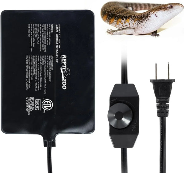 Reptile heat mat with dimmer control, power cord, and lizard, ideal for terrariums