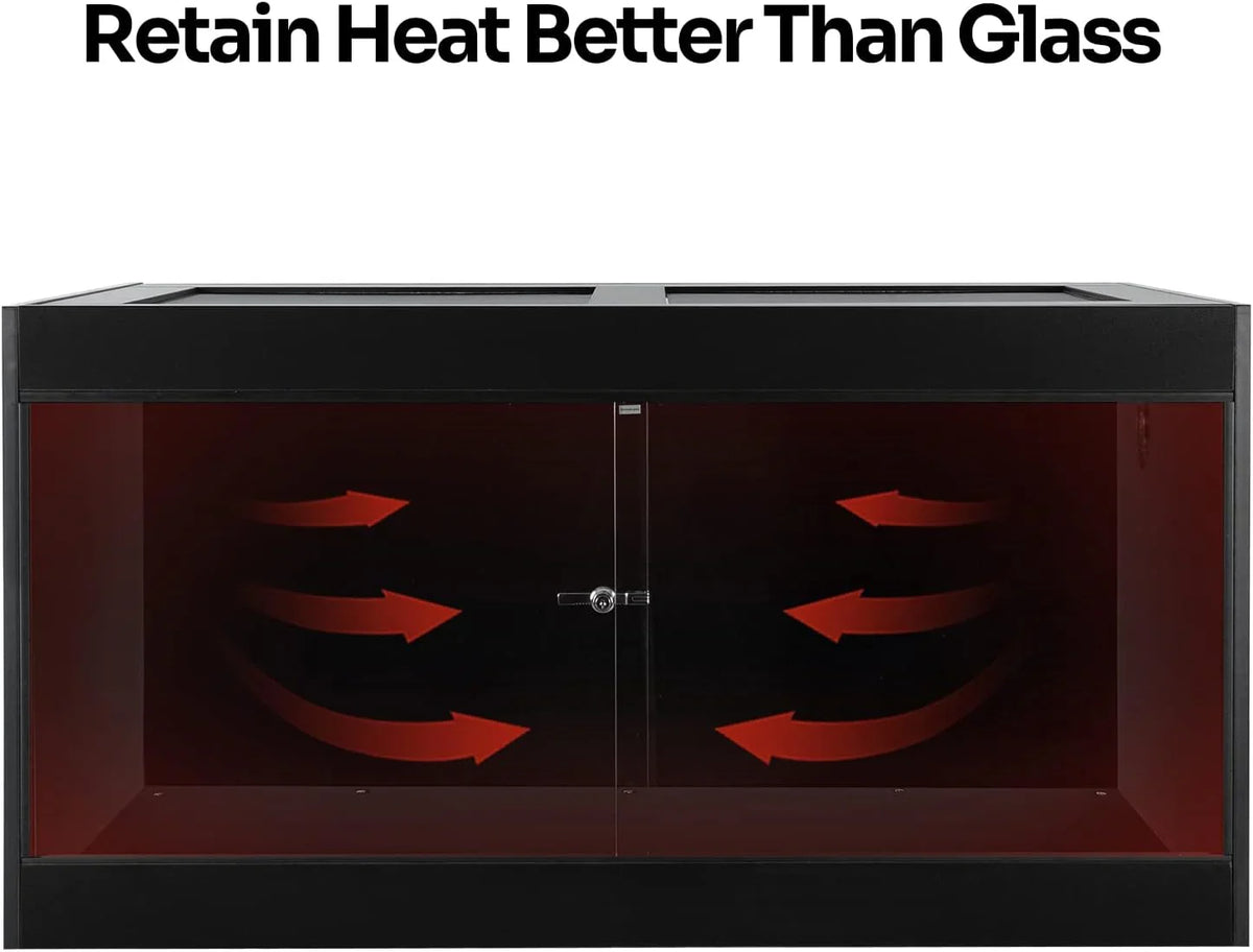 Black reptile terrarium with arrows depicting heat retention, caption reads 'Retain Heat Better Than Glass'.