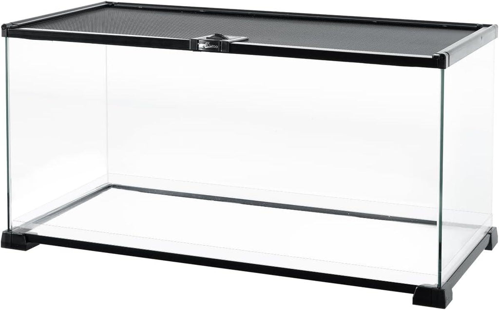 Glass reptile terrarium with black mesh top and secure latch, suitable for pet reptiles