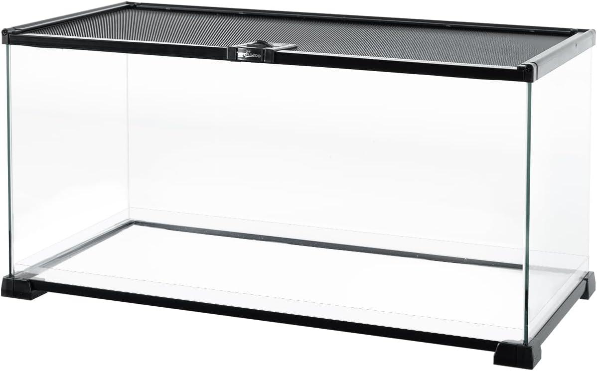 Glass reptile terrarium with black mesh top and secure latch, suitable for pet reptiles