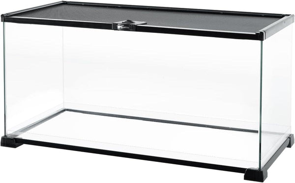 Glass reptile terrarium with black mesh top and secure latch, suitable for pet reptiles