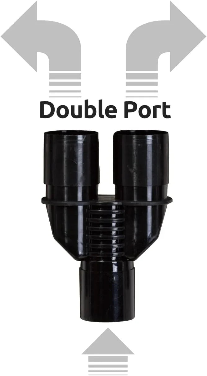 Black double port Y connector for reptile terrarium misting system with direction arrows.