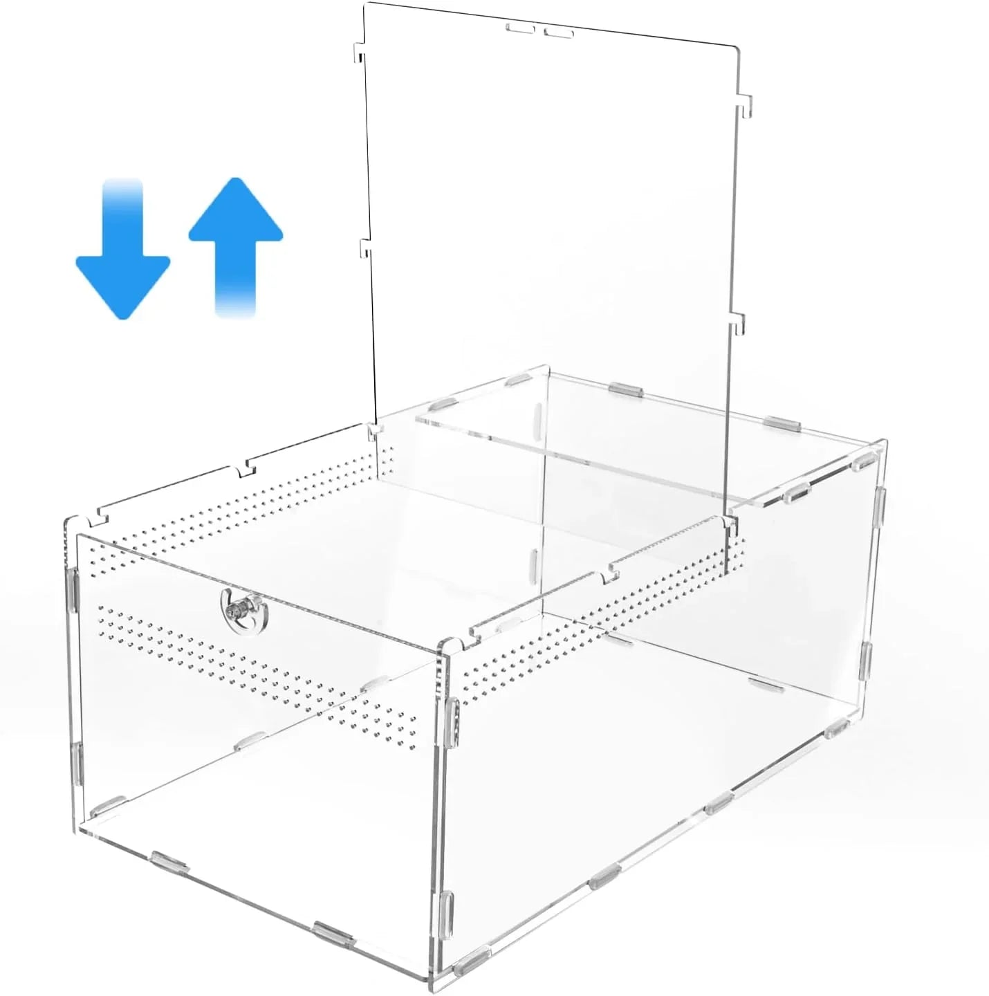 Clear acrylic reptile terrarium with top-opening lid and ventilation holes, ideal for small pets Main image