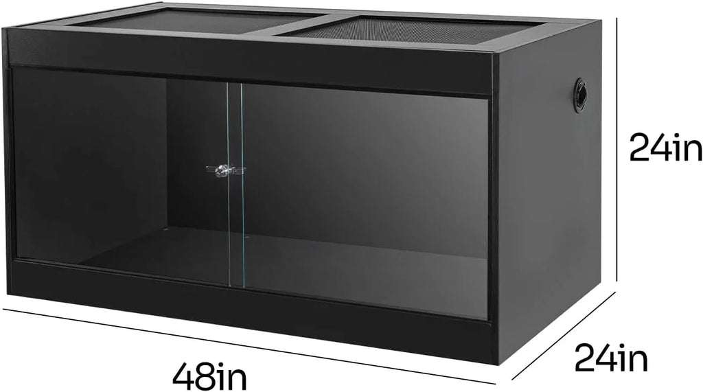 Large black reptile terrarium 48x24x24 inches with front glass doors and mesh top ventilation