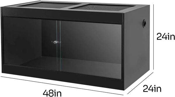 Large black reptile terrarium 48x24x24 inches with front glass doors and mesh top ventilation