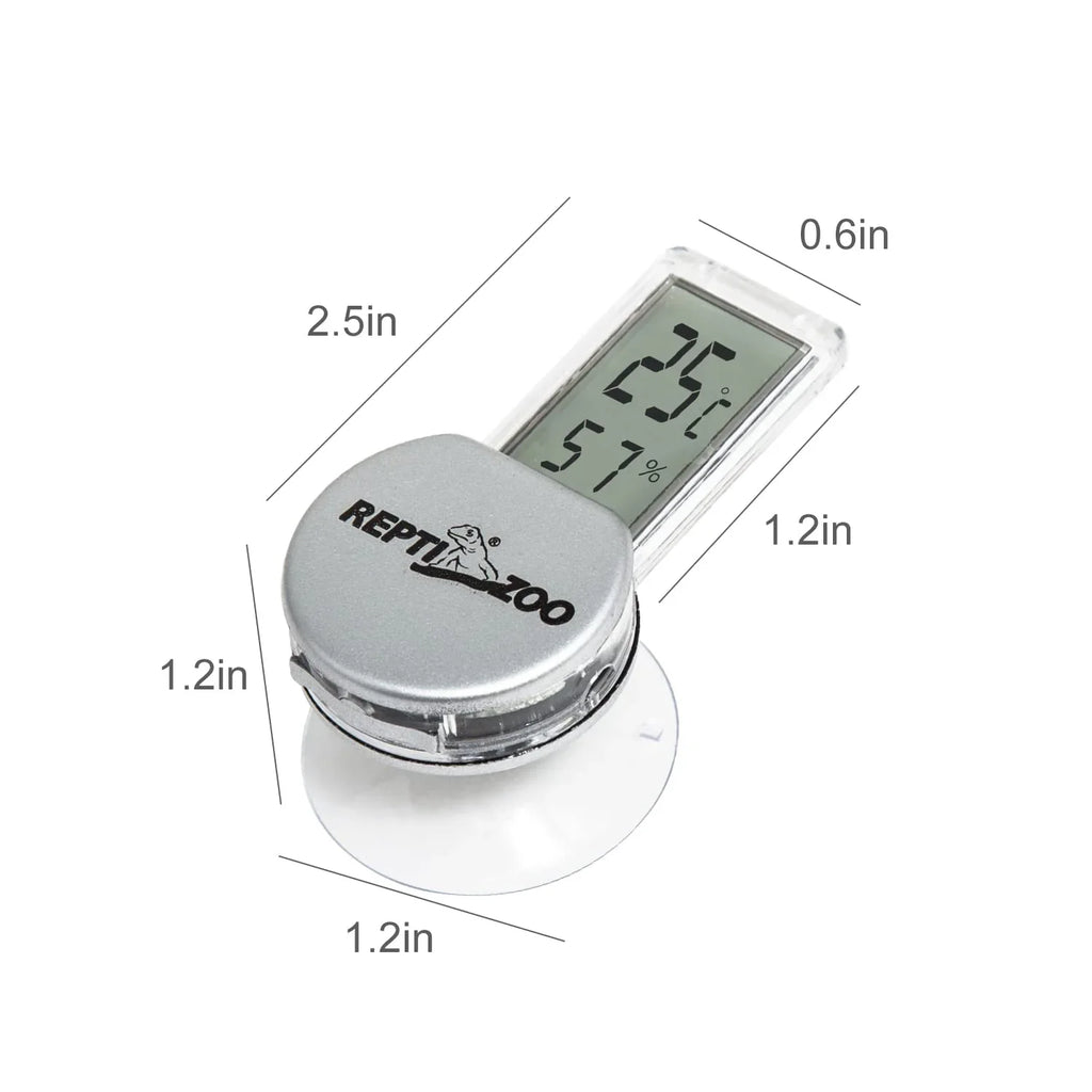 Digital thermometer and hygrometer for reptile terrarium with dimensions and suction cup