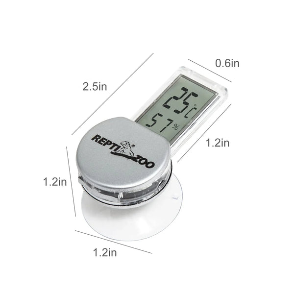 Digital thermometer and hygrometer for reptile terrarium with dimensions and suction cup