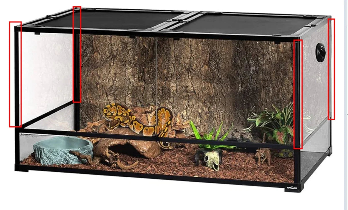 Glass reptile terrarium with snake, natural decor, water bowl, and background tree bark Main image