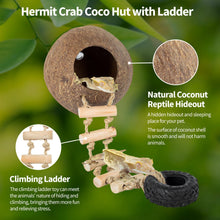 Load image into Gallery viewer, REPTIZOO Hermit Crab Coconut Shell Hideout, Leopard Gecko Hide Cave with Ladder, Reptile Coco Hut Cave Habitat with Suction Cup Terrarium Décor for Crested Gecko,Hermit Crab, Lizard, Leopard Gecko