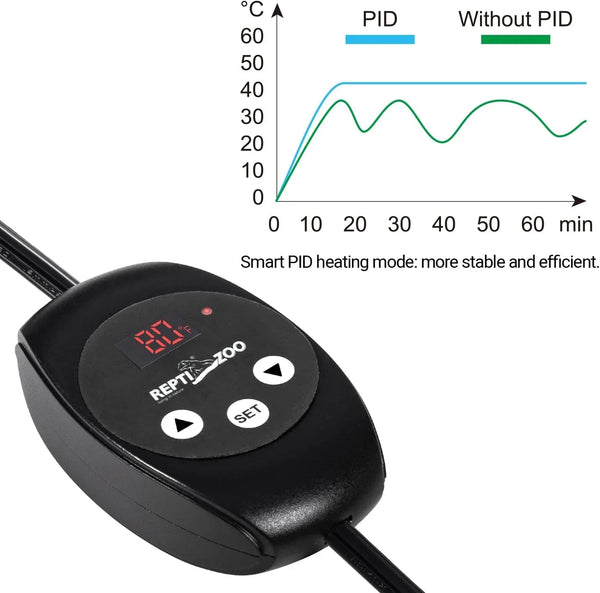 Digital reptile thermostat controller with PID heating mode graph for terrariums