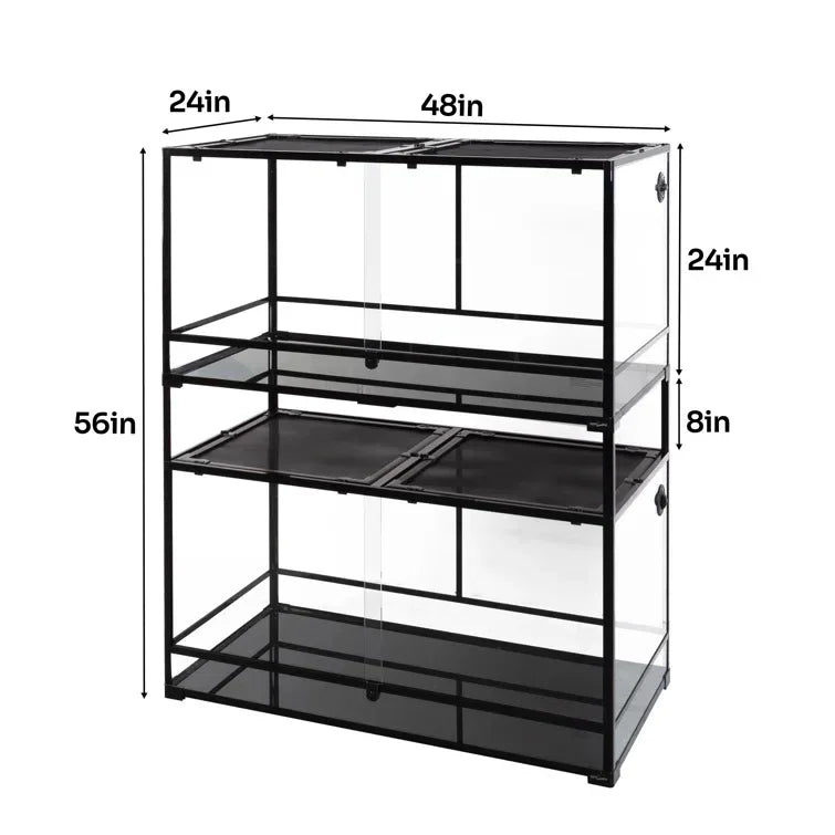 Large glass reptile terrarium cage with shelving, measuring 48x24x56 inches