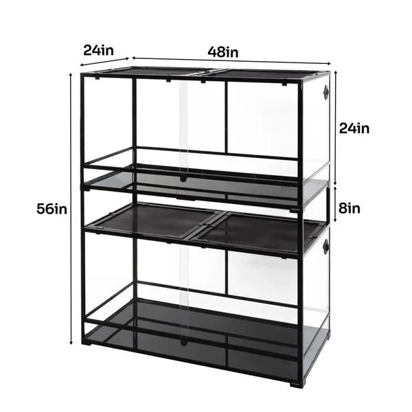 Large glass reptile terrarium cage with shelving, measuring 48x24x56 inches