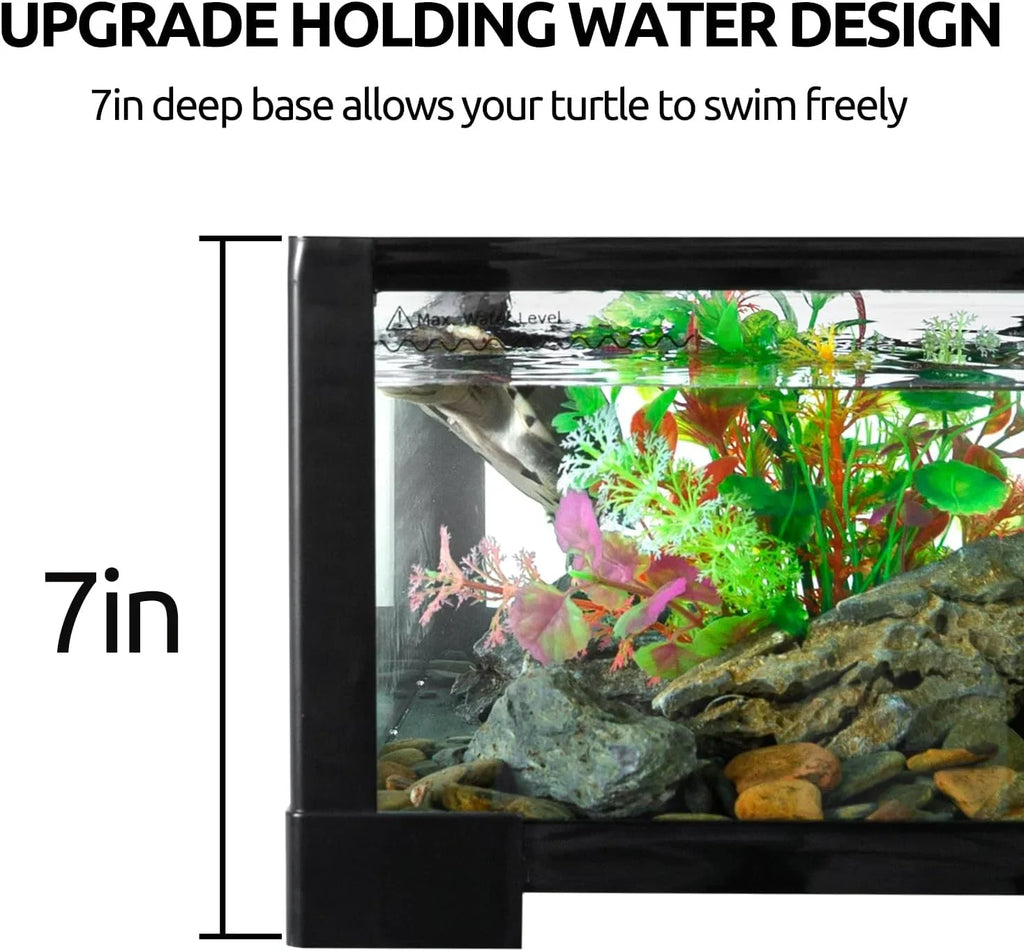 Side view of a 7-inch deep reptile terrarium with rocks, artificial plants, and swimming turtle.