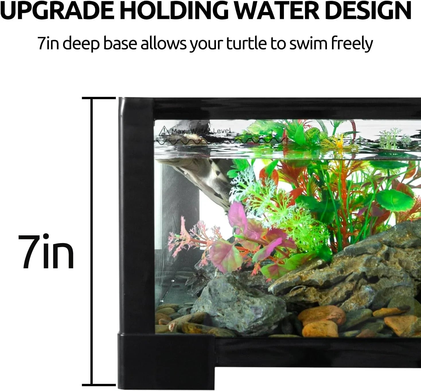 Side view of a 7-inch deep reptile terrarium with rocks, artificial plants, and swimming turtle.