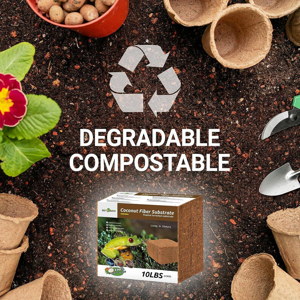 Coconut fiber substrate 10 lbs box on soil with garden tools, compostable and degradable eco-friendly product.