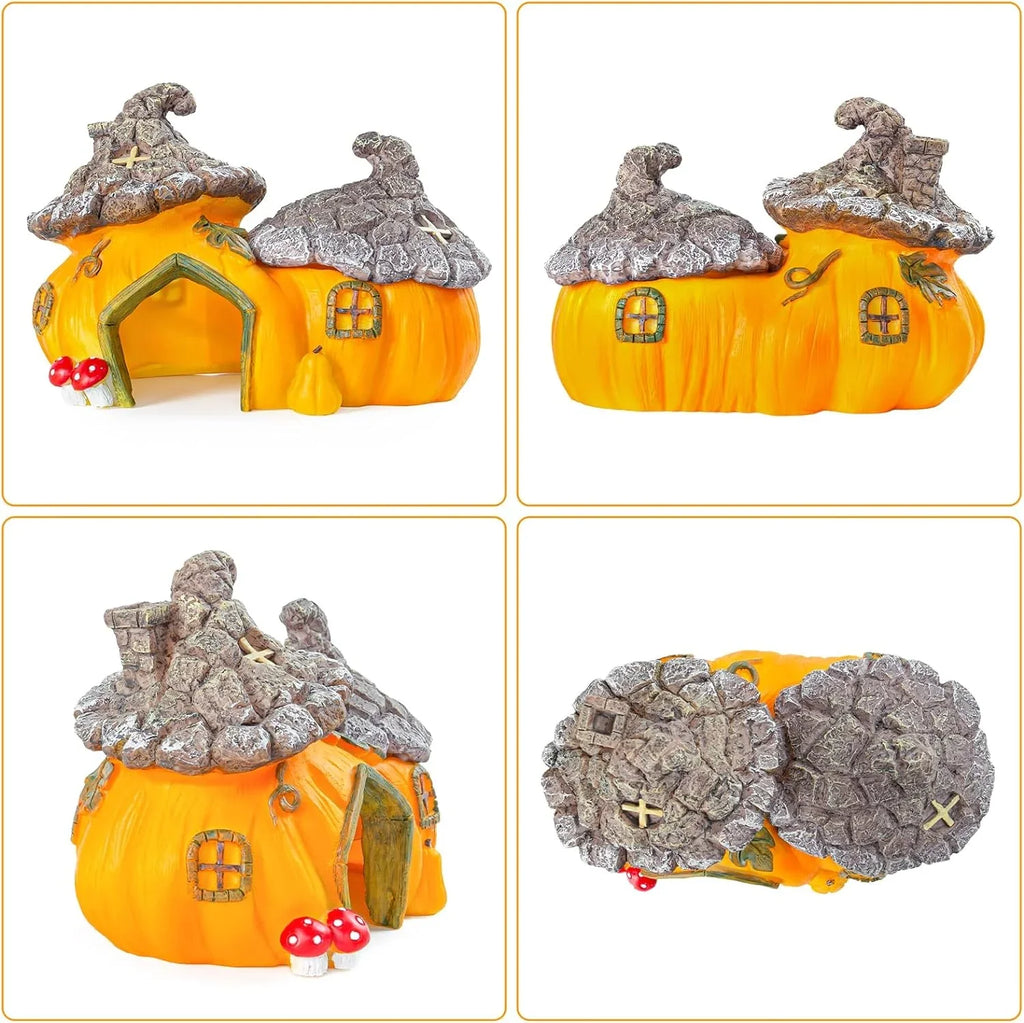 Pumpkin-shaped reptile hideout with stone-like roof, windows, door, and decorative mushrooms