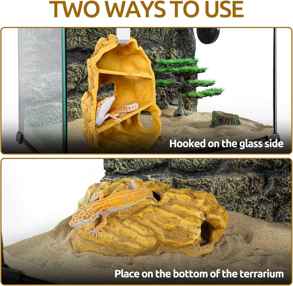 Reptile hideout decor displayed hooked on glass and placed on terrarium floor with geckos