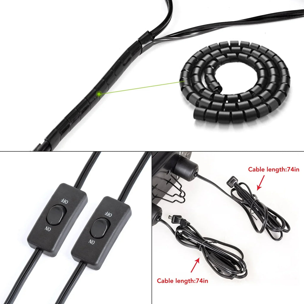 Reptile light cable kit with coiled wire organizer, dual on/off switches, and 74-inch cords.