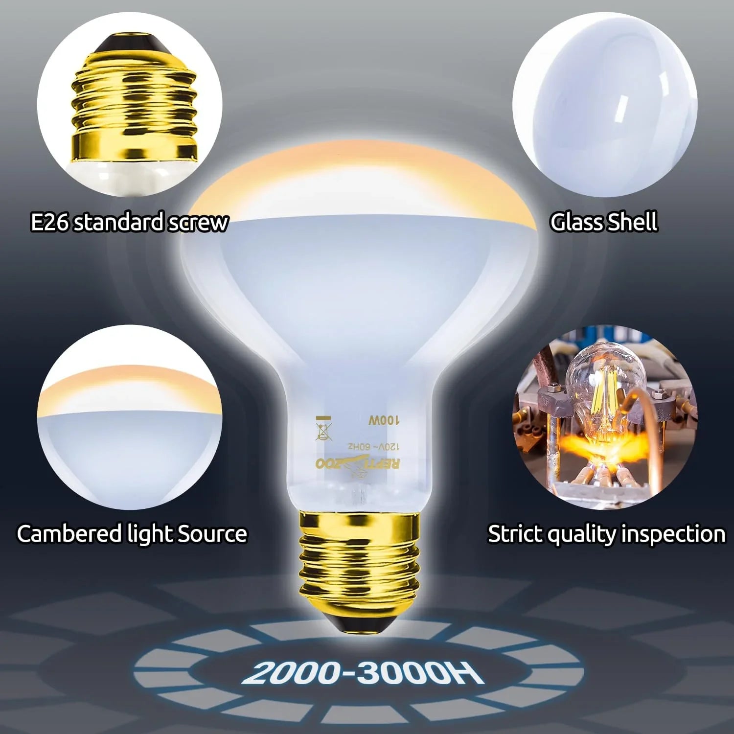 Reptile heat lamp bulb with E26 screw, glass shell, quality inspection, cambered light source