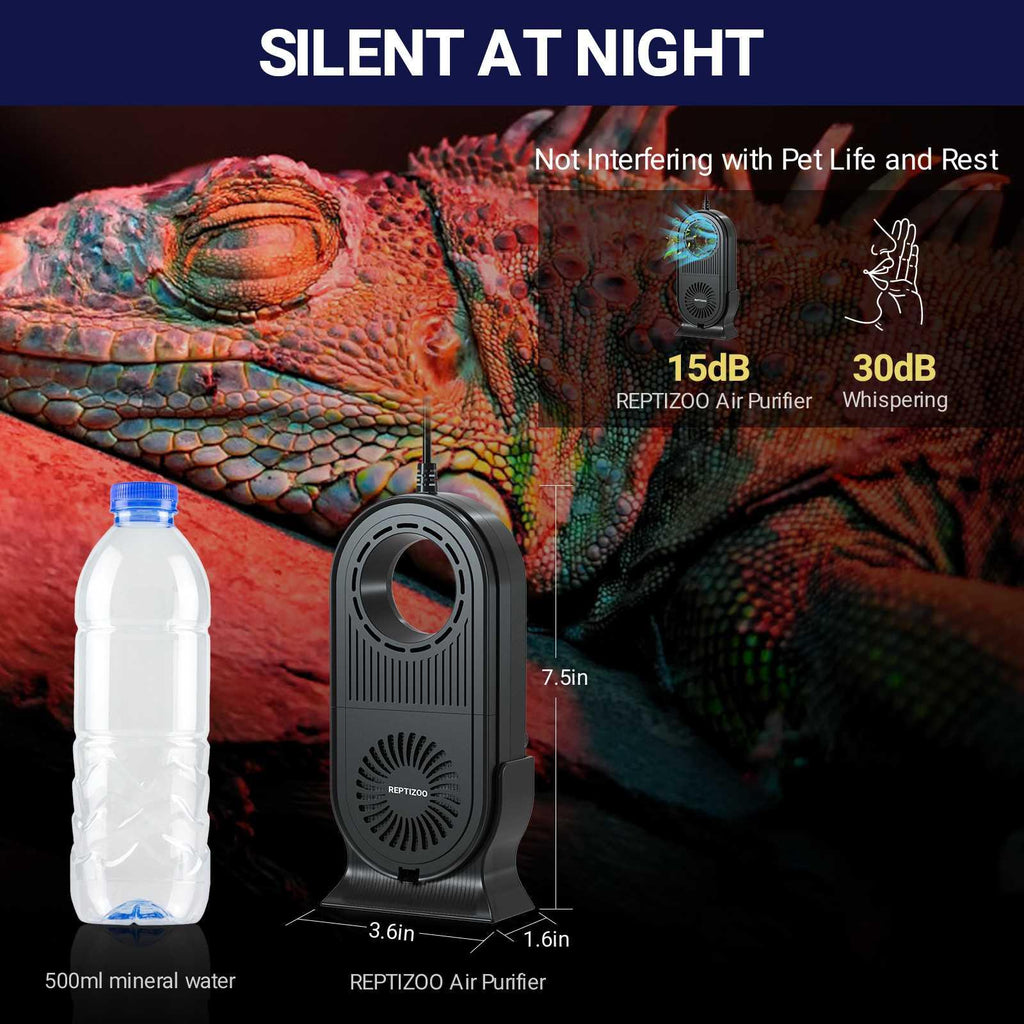 Silent reptile air purifier with size comparison next to a water bottle, ideal for terrariums.