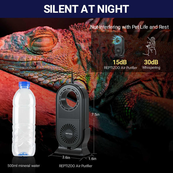 Silent reptile air purifier with size comparison next to a water bottle, ideal for terrariums.