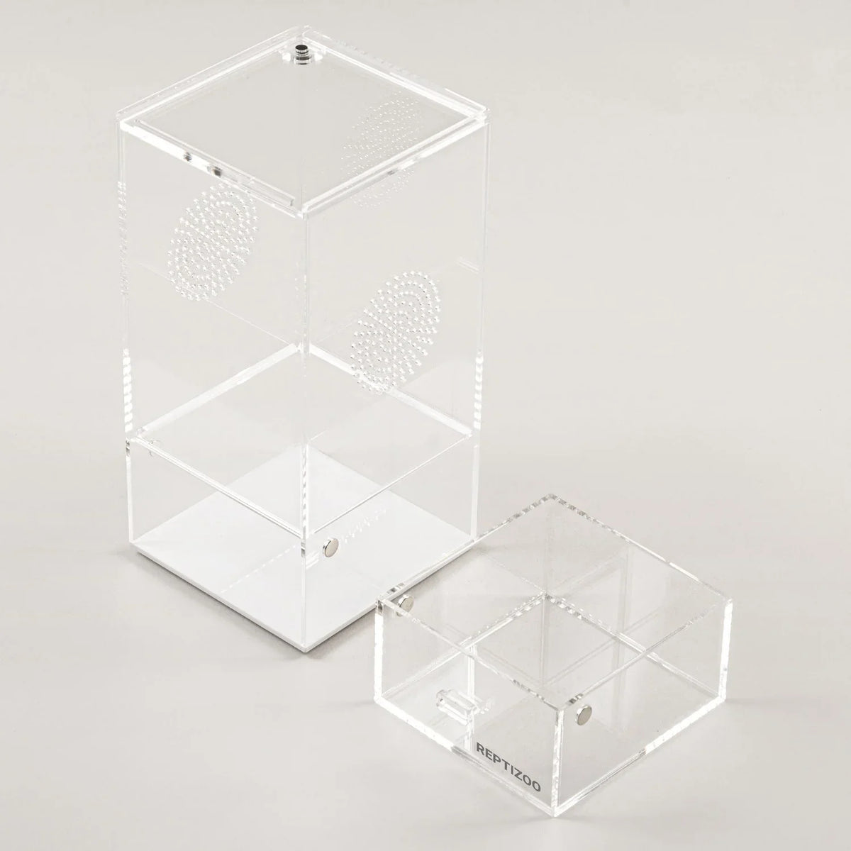Clear acrylic reptile terrarium enclosure with ventilation, ideal for small reptiles or insects