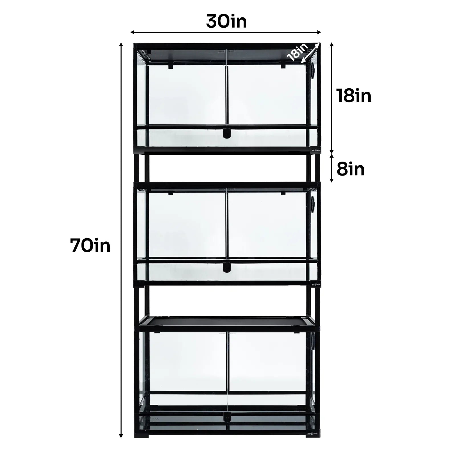 Stacked glass reptile terrarium rack, 70in tall, 30in wide, 18in deep, labeled dimensions