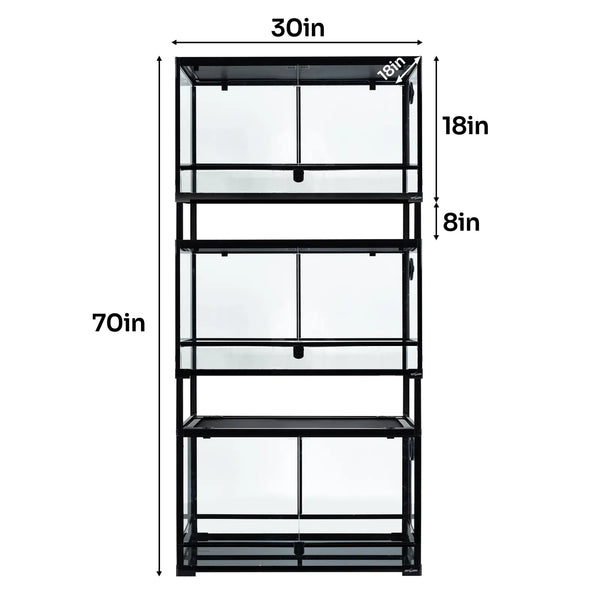 Stacked glass reptile terrarium rack, 70in tall, 30in wide, 18in deep, labeled dimensions