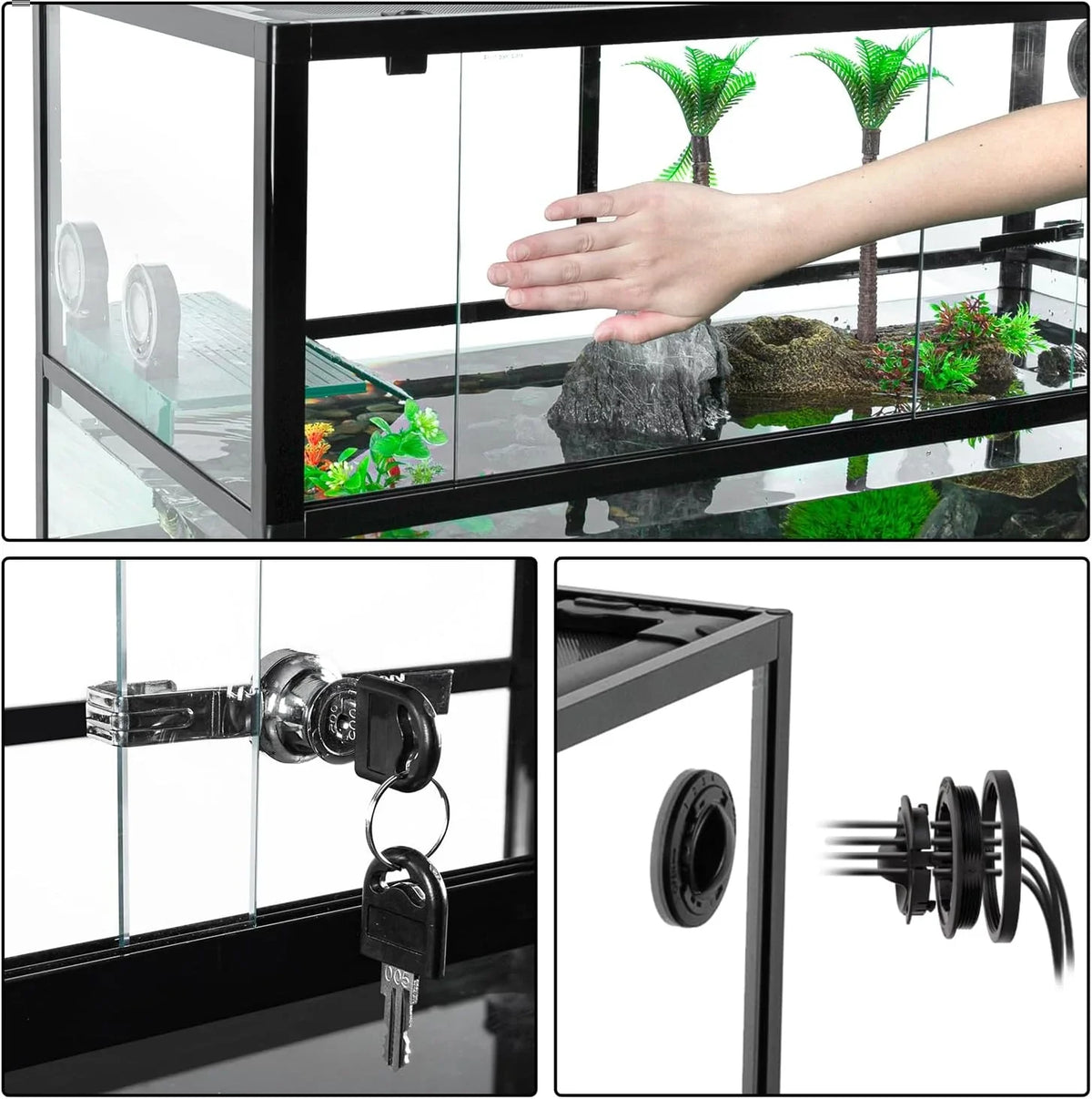 Glass reptile terrarium with secure lock, hand sliding door, and cable management port.