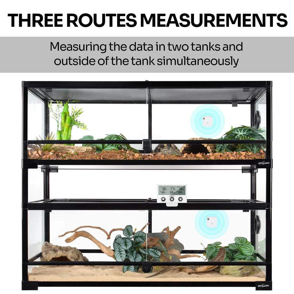 Digital thermometer measuring temperature and humidity in two reptile terrariums