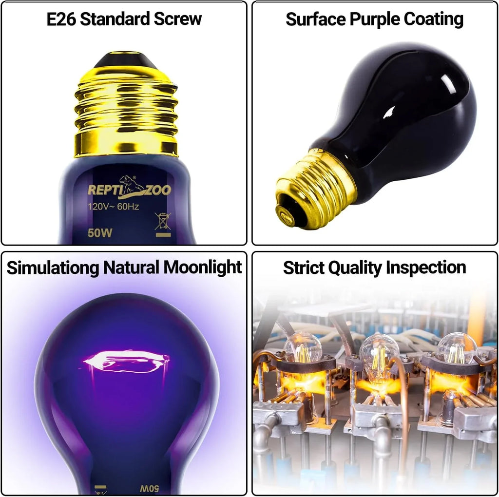 Reptile light bulb with E26 screw, purple coating, simulates moonlight, quality inspected