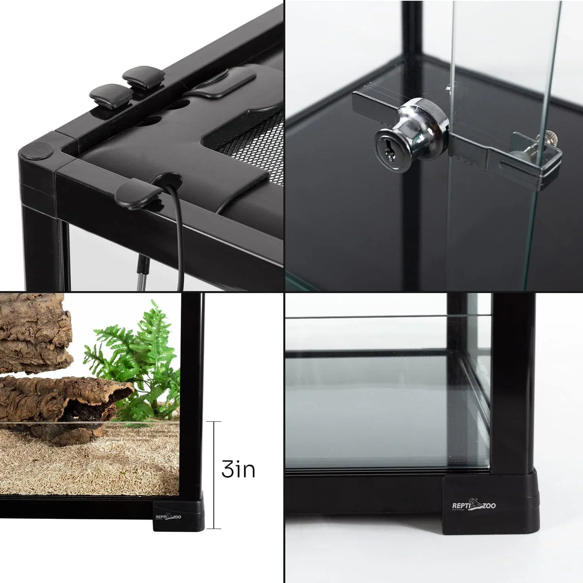 Glass reptile terrarium with lock, mesh top, raised base, and front view showing 3-inch depth.
