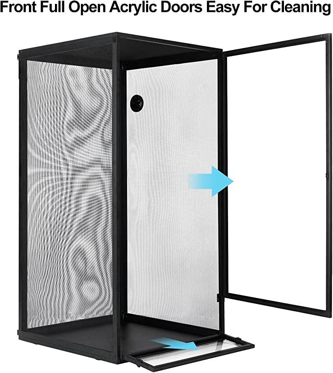 Open acrylic front reptile terrarium cage with mesh sides, doors for easy cleaning