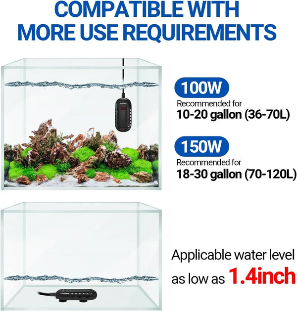Aquarium heater for 10-30 gallon tanks, works at water levels as low as 1.4 inches