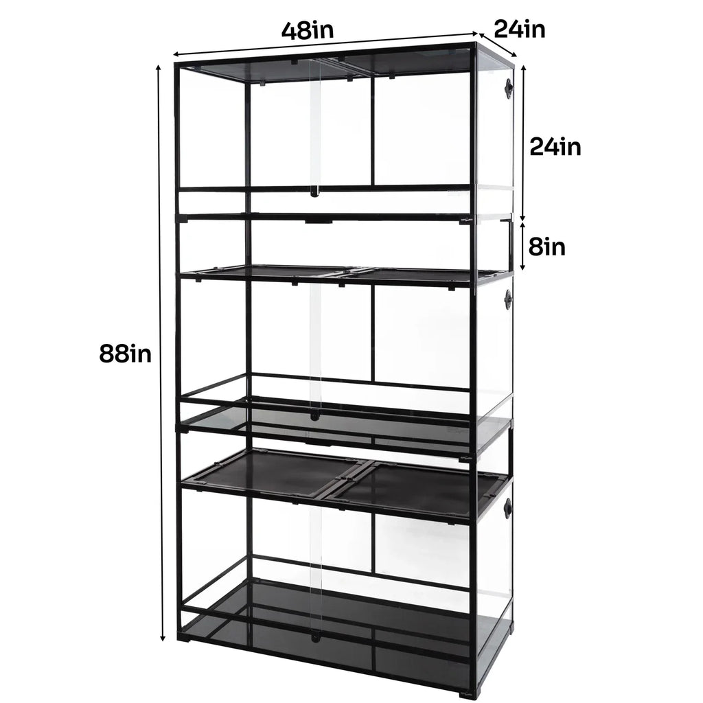 Large multi-level glass reptile terrarium with labeled dimensions for cages and enclosures