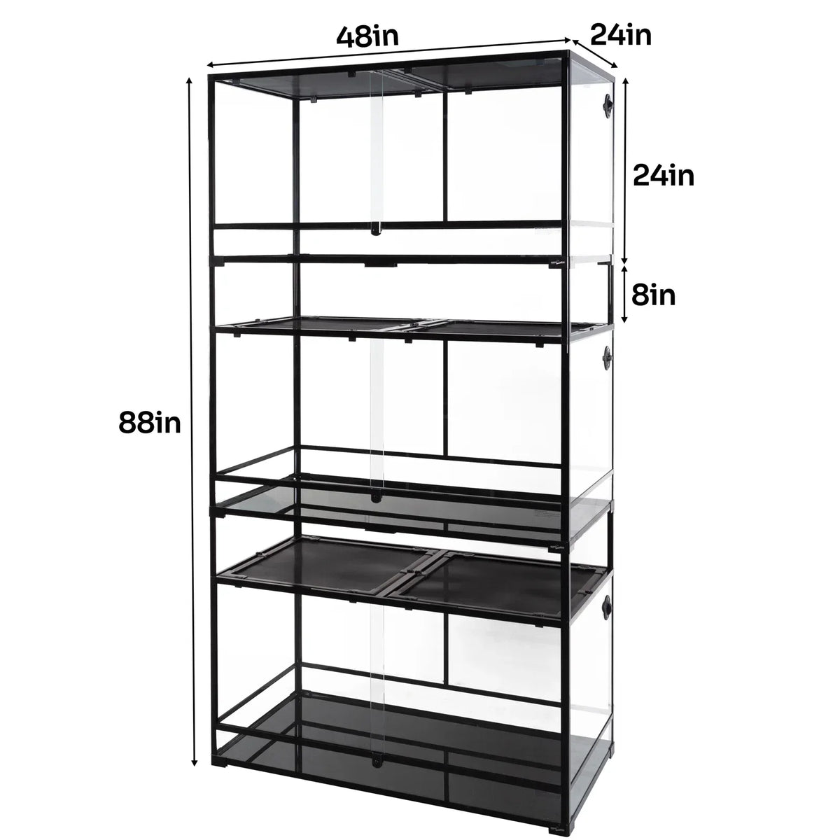 Large multi-level glass reptile terrarium with labeled dimensions for cages and enclosures