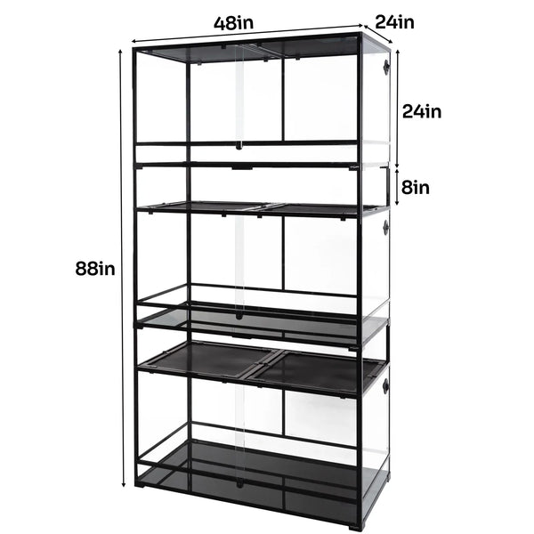 Large multi-level glass reptile terrarium with labeled dimensions for cages and enclosures
