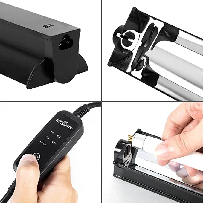 Reptile UVB light fixture with timer, power connector, and easy bulb installation