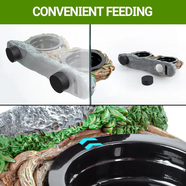 Dual reptile food and water dish with suction cup mount for terrarium, natural rock design