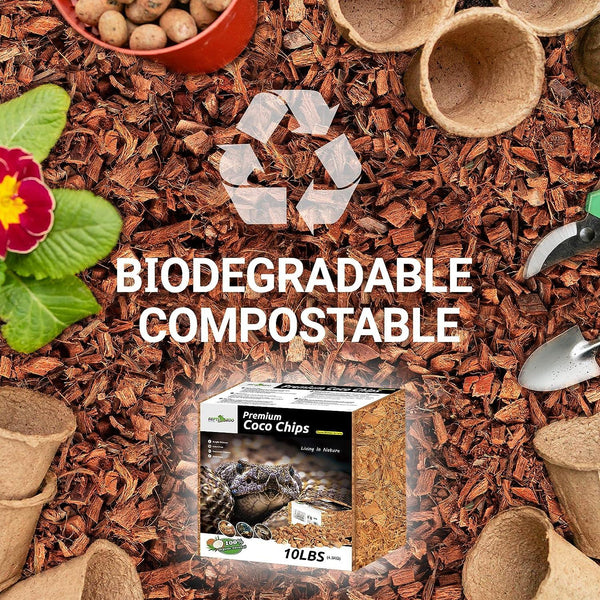 Premium coconut chips substrate with biodegradable compostable label, garden tools, and plant pots