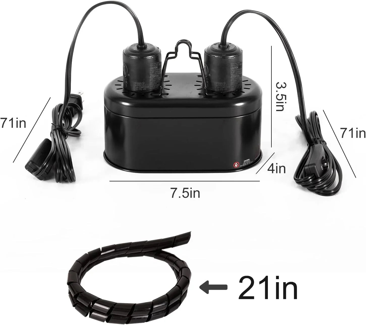 Black reptile lamp timer control box with dual sockets, power cords, and cable wrap, labeled dimensions