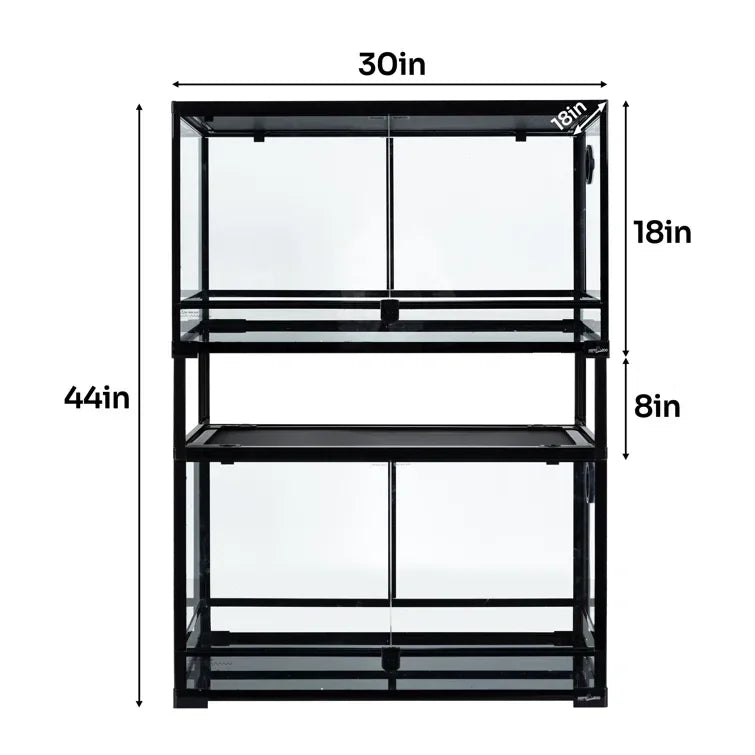 Black metal reptile terrarium rack with stackable glass enclosures, labeled dimensions 30x18x44 inches.