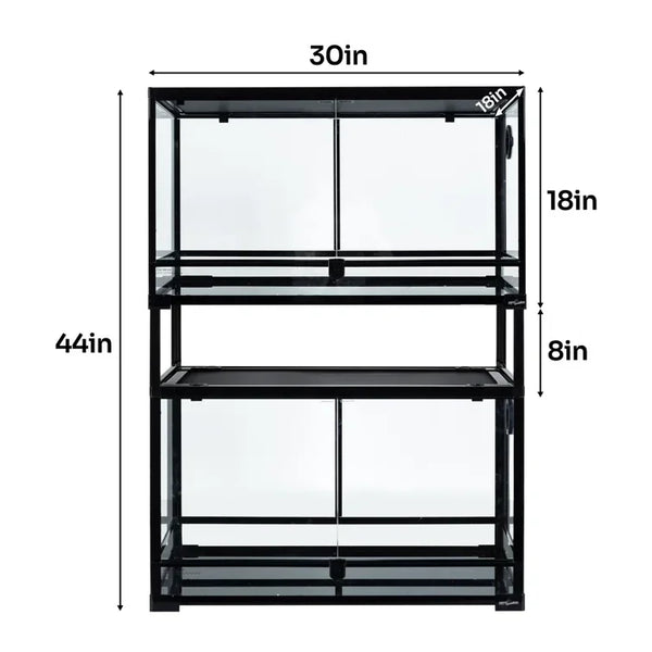 Black metal reptile terrarium rack with stackable glass enclosures, labeled dimensions 30x18x44 inches.