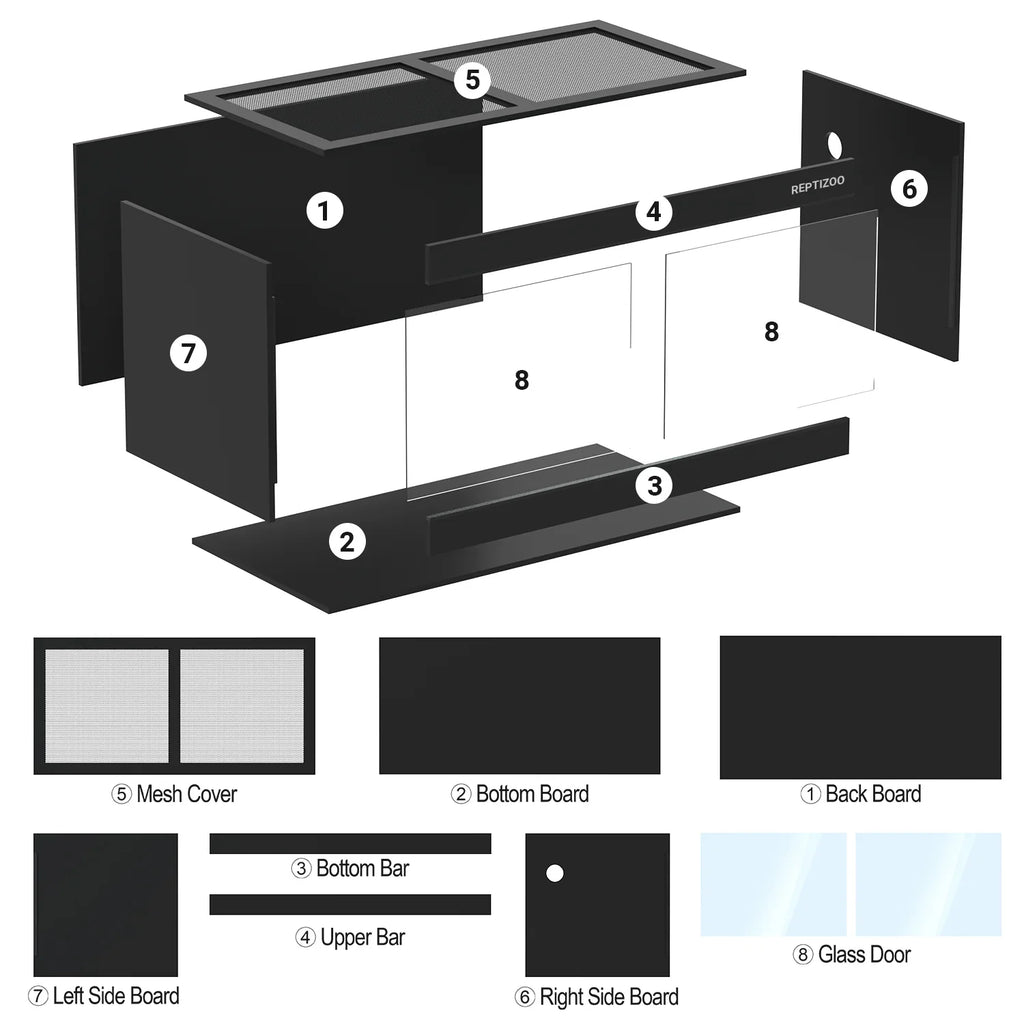 Exploded diagram of reptile terrarium assembly with labeled parts including mesh cover, glass doors, side boards, bottom bar, and upper bar.
