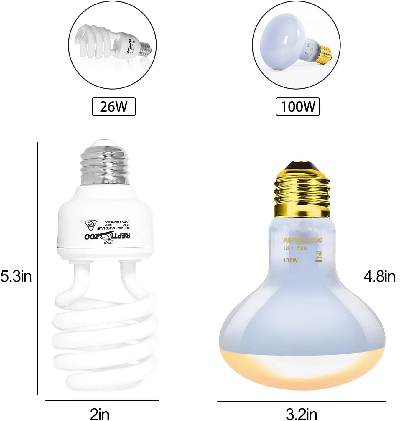 Reptile terrarium light bulbs, 26W spiral UVB bulb and 100W heat lamp with size dimensions