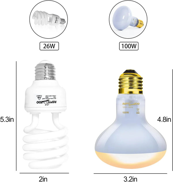 Reptile terrarium light bulbs, 26W spiral UVB bulb and 100W heat lamp with size dimensions