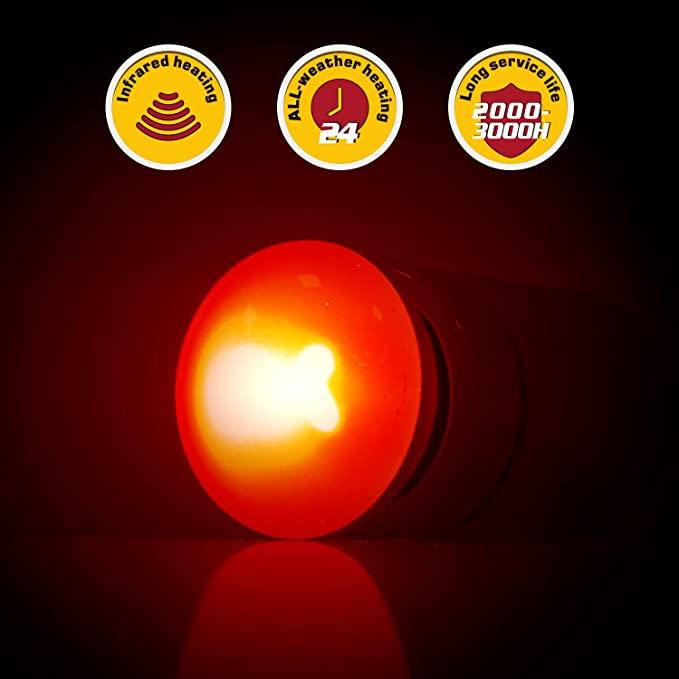 Infrared reptile heat lamp glowing red, icons highlight all-weather use and long service life