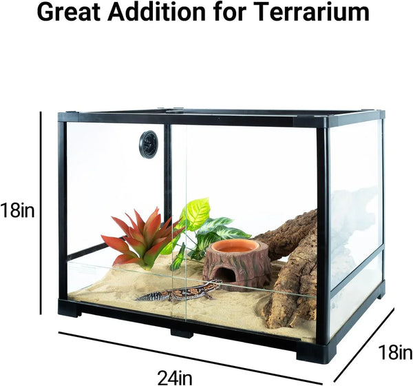 Glass reptile terrarium 24x18x18 inches with sand, plants, log, and hideout for lizard habitat