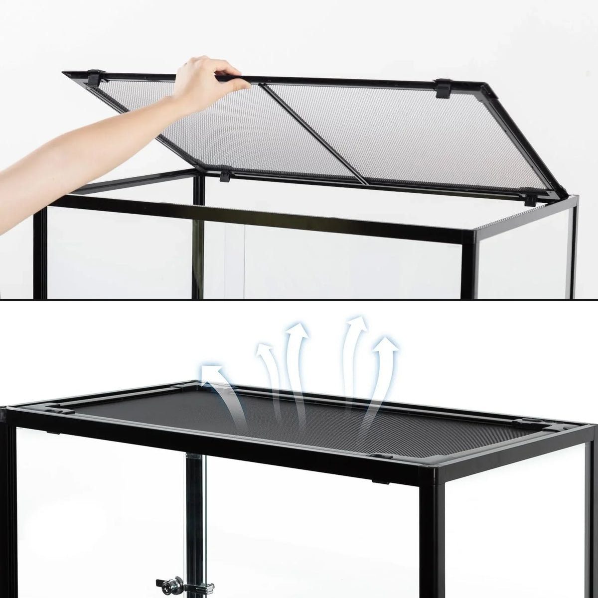 Mesh top reptile terrarium showing hinged lid for ventilation and easy access.